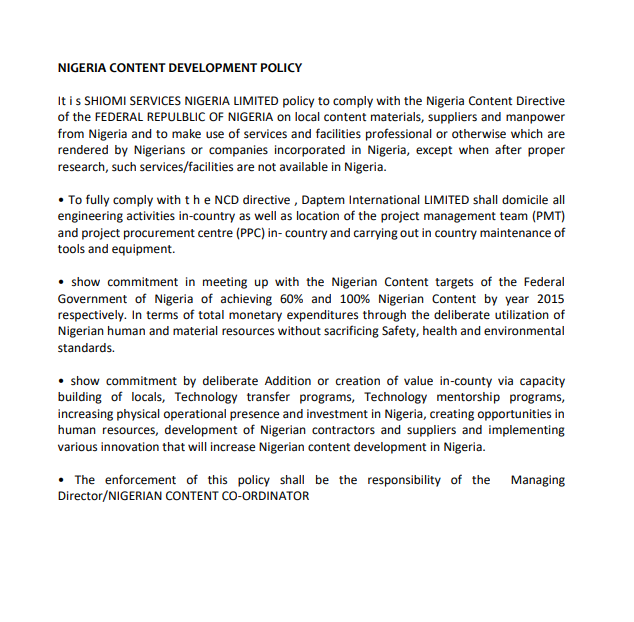LOCAL CONTENT POLICY